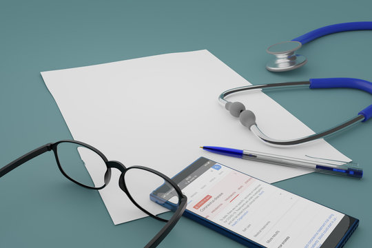 3D illustration of paper, glasses, mobile, pen and  stethoscope on pale blue tabletop