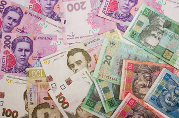 different hryvnias for background. View from above.