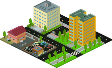 Isometric part of town. Casual city district with trees and roads. Different buildings