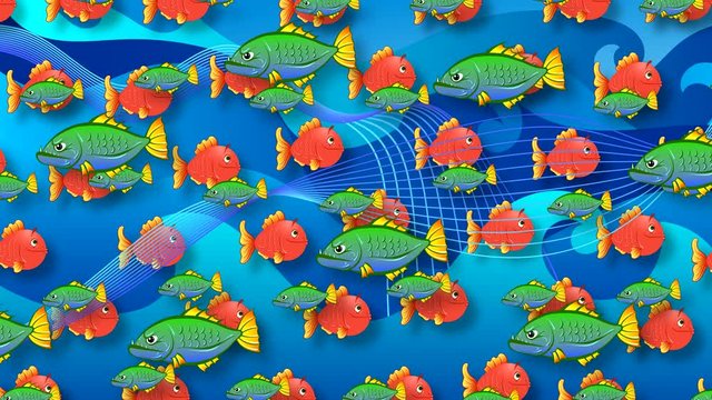 Abstract hand-drawn animation with green and red fish swimming horizontally in a herd with long teeth and a big mouth on a blue background with moving waves.