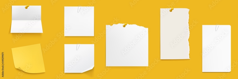 Poster paper notes set, white notebook sheets pinned on wall, blank folded and ragged pages. memo pads, dai