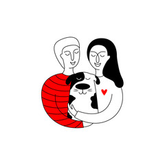 Young happy couple hugs a dog