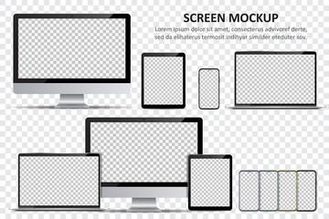 Screen mockup. Computer monitor, laptop, tablet and smartphone with blank screen for design