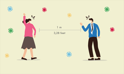 Social distancing illustration, keep distance in public society people to protect from COVID-19 coronavirus outbreak spreading concept, businessman and woman keep distance away in the meeting.