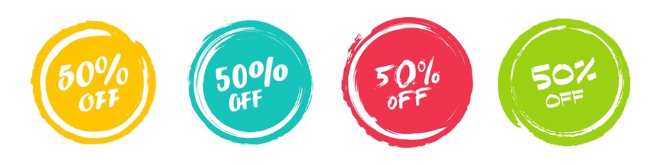 Set of grunge sticker with 50 percent off in a flat design. For sale, promotion, advertising