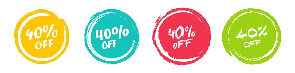 Set of grunge sticker with 40 percent off in a flat design. For sale, promotion, advertising - obrazy, fototapety, plakaty