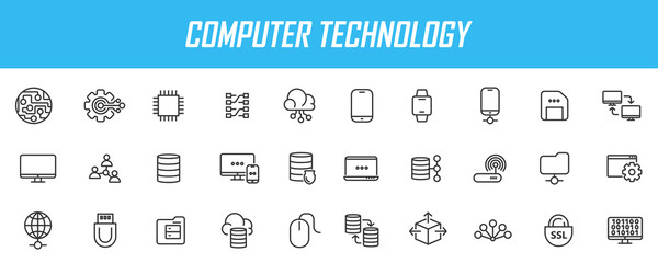 Fototapeta na wymiar Set of linear computer technology icons. Database icons in simple design. Vector illustration