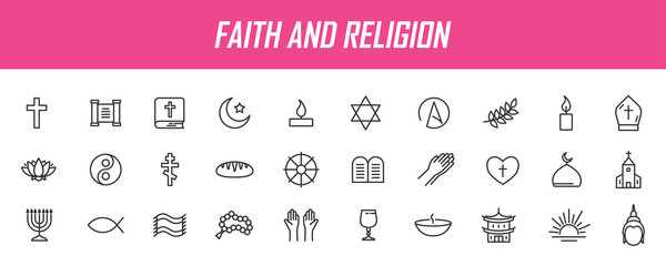 Set of linear religion icons. Faith icons in simple design. Vector illustration - obrazy, fototapety, plakaty