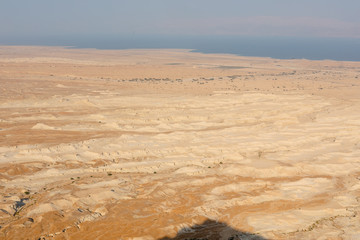 View at coast of the Dead Sea from ruins of high-rise fortress Masada, Israel