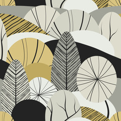 Trees grey seamless pattern with plants, leaves, forest theme. Hand draw texture, vector template.