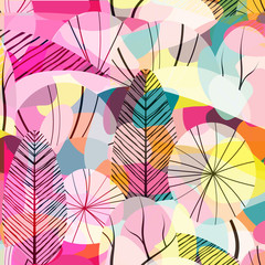 Jungle multicolored seamless pattern with plants, leaves, forest theme. Hand draw texture, vector template.