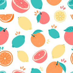 Seamless pattern of citrus fruit, hand drawn colorful in flat style. Lemon, orange, grapes and lime, slice. Vector illustration