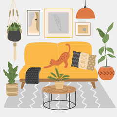 Hand drawn cozy room in the Scandinavian style, home plants, picture on the wall, cat on the couch. Vector illustration. 