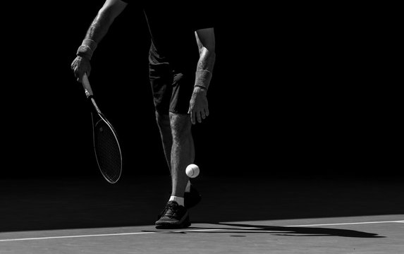 Male tennis player in action on the court on a sunny day. Black and white