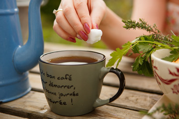 Tea into mug. morning Provence France.