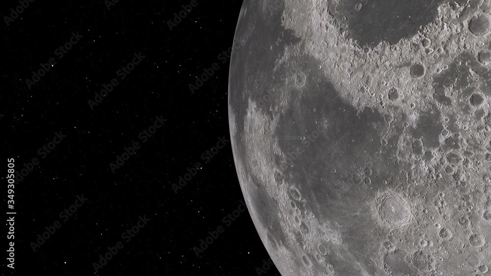Poster 3d rendering of the moon against the background of space with the illumination of craters and lunar 