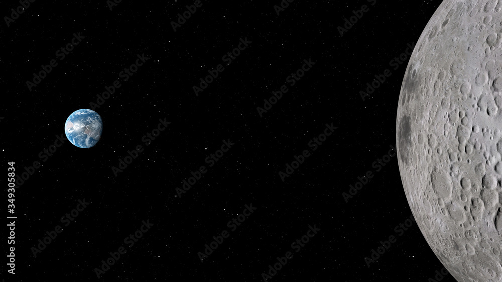 Poster 3d rendering of the moon against the background of space with the illumination of craters and lunar 