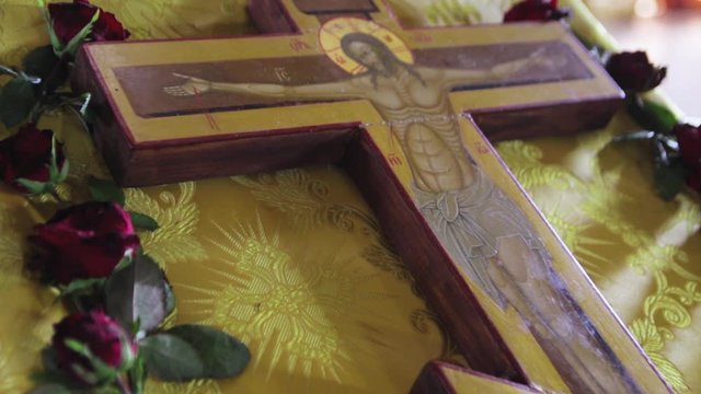 Wooden cross with crucified Jesus Christ in the Orthodox Church