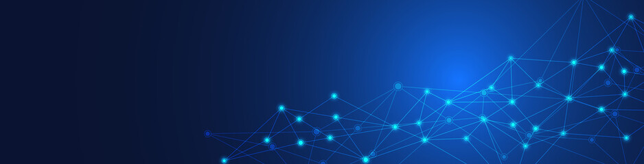 Website header or banner design with abstract geometric background and connecting dots and lines. Global network connection. Digital technology with plexus background and space for your text.