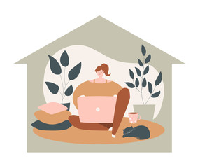 Vector concept illustration Stay home. Young girl sitting on the floor and using laptop. Remote work during Coronavirus outbreak. Freelancer lifestyle in self-isolation period. 