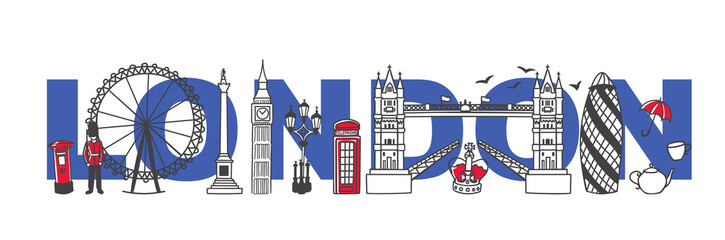 Vector illustration Symbols of London, the United Kingdom. Famous English landmarks and the city name behind. Horizontal skyline banner for souvenir print design or city promotion.