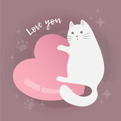 Cute cartoon white vector cat on big heart. Valentine's day card, save the date greeting card, love card. Background with paws and stars. 