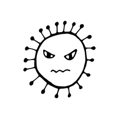 evil virus in doodle style vector illustration isolated on white background. dangerous coronavirus, cartoon virus with angry emotions. covid-19.