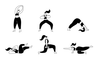 Young woman exercising at home. Step by step instructions. Workout poses vector illustration.