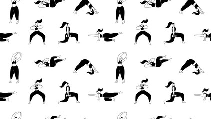 Young woman exercising at home black and white seamless pattern. Step by step instructions. Workout poses vector illustration.