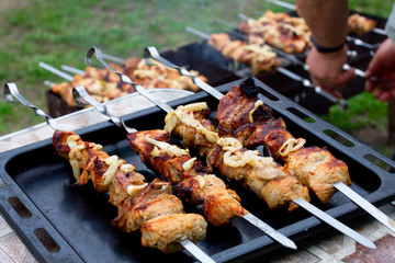 Tray with ready-made pork skewers of meat. Cooking on nature on fire. BBQ in the village