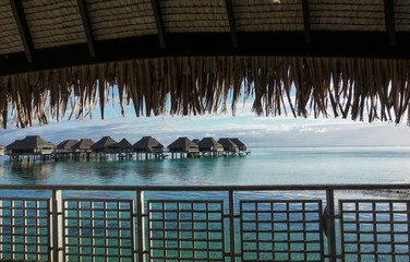 View from Deck of Overwater Bungalow in Moorea French Polynesia Tahiti with Lagoon
