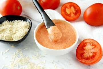 Tomato and rice water face mask for skin treatment, natural homemade beauty product. 
