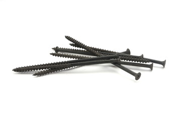 Metal screws, iron screws, wood screws isolated on white backgro