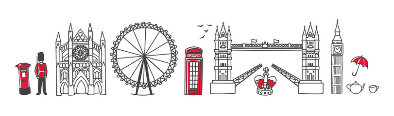 Vector illustration Symbols of London, the UK. Famous English landmarks in the row. Doodle Tower Bridge and Westminster Abbey. Horizontal skyline banner for souvenir print design or city promotion. - obrazy, fototapety, plakaty