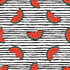 Summer fashion print with watermelons on a black and white stripes background. Vector seamless pattern.