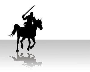 black silhouette and shadow of a medieval knight with raised sword on horseback, isolated image
