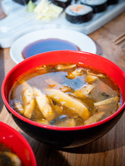 Miso soup in miso bowl with soy sauce