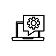 Online support in line art style on white background, Computer technical support sign for mobile concept and web design, Laptop with gear vector icon, Symbol, logo illustration, Vector graphics