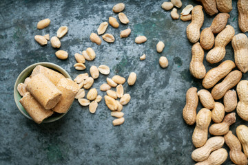 Various of peanuts  and Brazilian peanut candy Paçoca