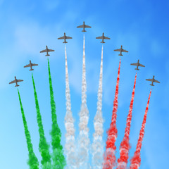 Vector illustration with nine planes and trails in green, white, and red colors of the flag of Italy, Mexico, or Hungary isolated on sky background. Good for national holiday greeting cards, banners.