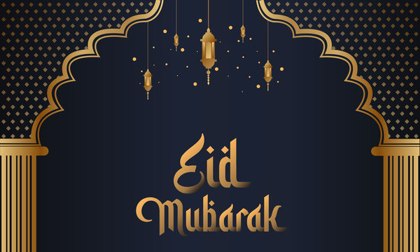 Eid Mubarak vector illustration with an abstract background and text. Premium and Luxury background with mosque and minaret. Golden design with beautiful blue background