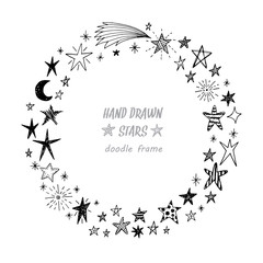 Hand drawn doodle stars round frame