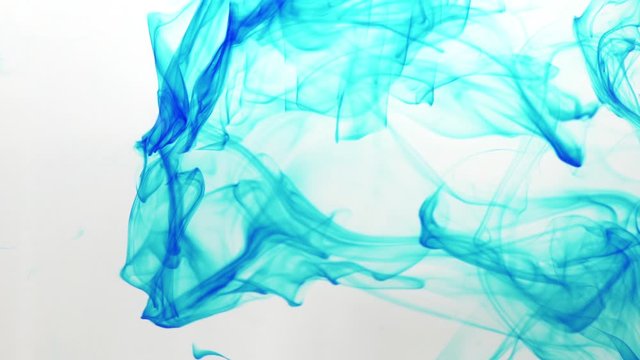 blue-teal ink wisps swirling on a white background suspended in water