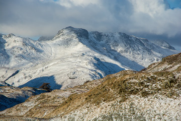 Langdale Valley and Fells, English lake district under full snow cover on a sunny winter day
