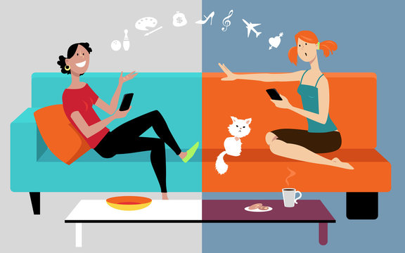 Two friends chatting on their smartphone, staying home, but still feeling close to each other, EPS 8 vector illustration