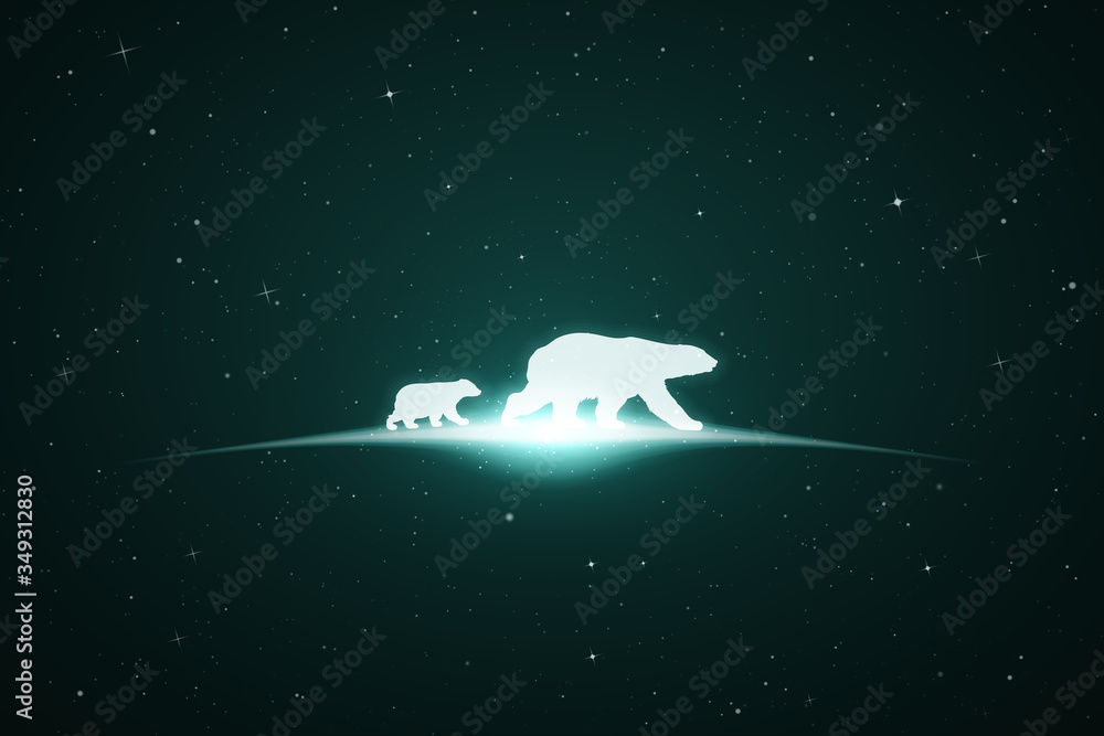 Sticker bear family in space. vector conceptual illustration with white silhouettes of endangered animals an
