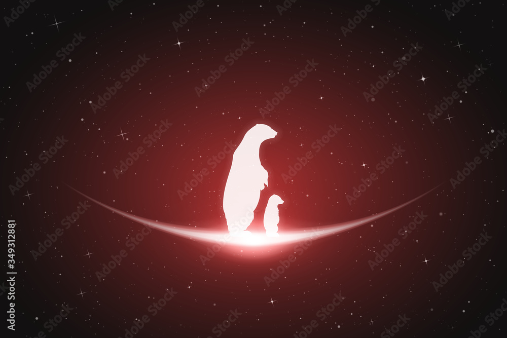 Sticker bear family in space. vector conceptual illustration with white silhouettes of endangered animals an