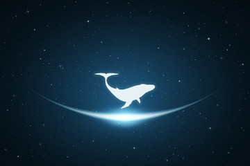 Obraz na płótnie Canvas Lonely whale in space. Vector conceptual illustration with white silhouette of endangered animal and glowing outline. Surreal blue background for greeting cards, posters and other design