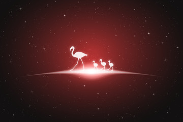Obraz na płótnie Canvas Flamingo family in space. Vector conceptual illustration with white silhouettes of endangered birds and glowing outline. Surreal red background for greeting cards, posters and other design