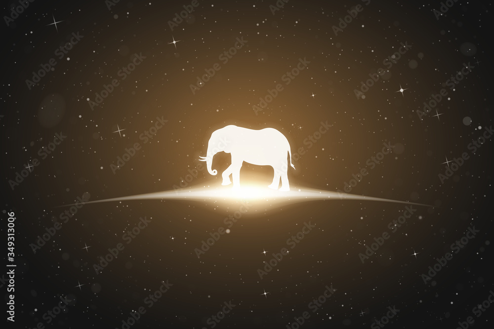 Sticker lonely elephant in space. vector conceptual illustration with white silhouette of endangered animal 